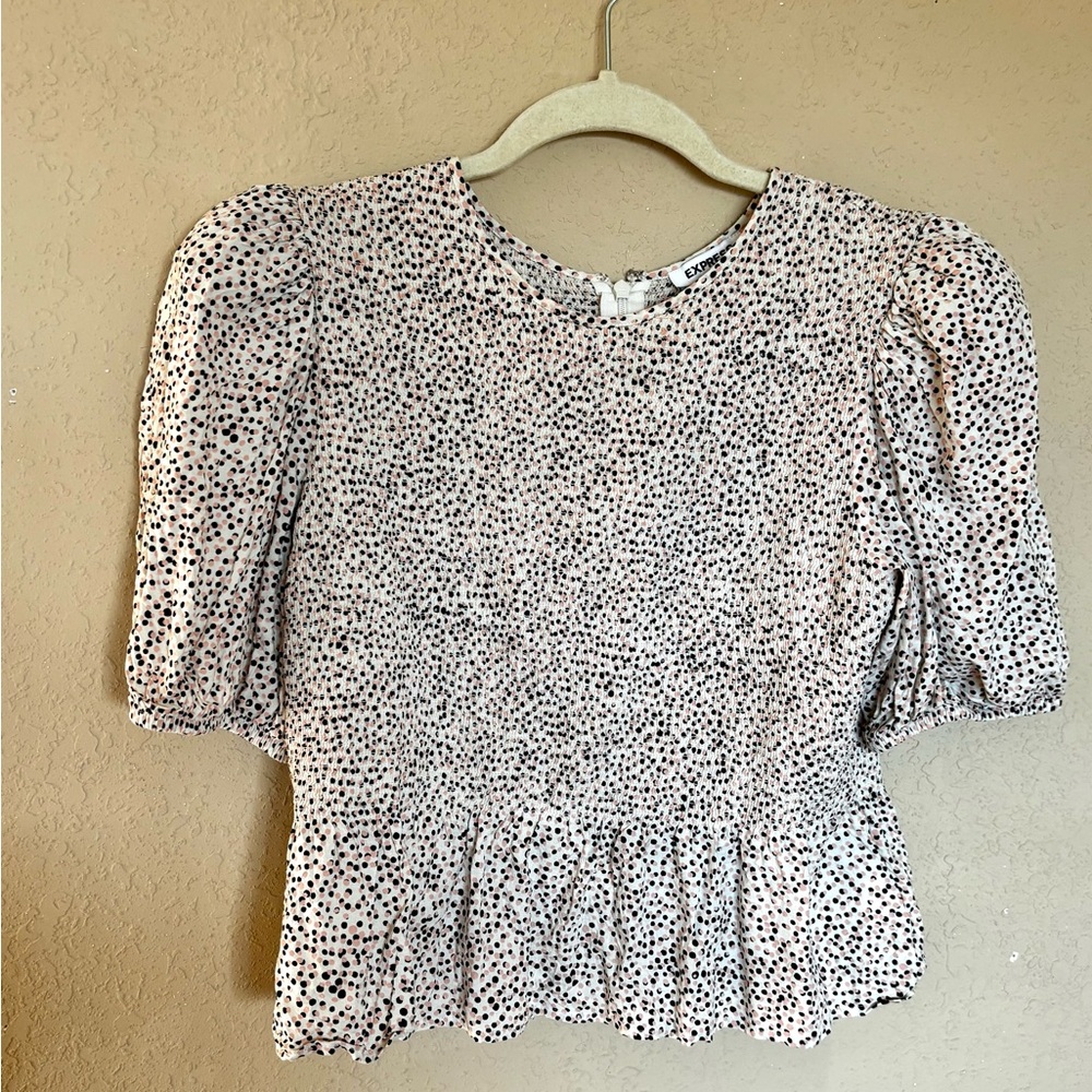 Beautiful spring Express peplum polka dot blouse top pink black white size M